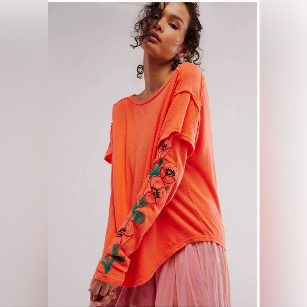 Free People Not Your Poppys Long-Sleeve Embroidered Orange Tee XS & Small